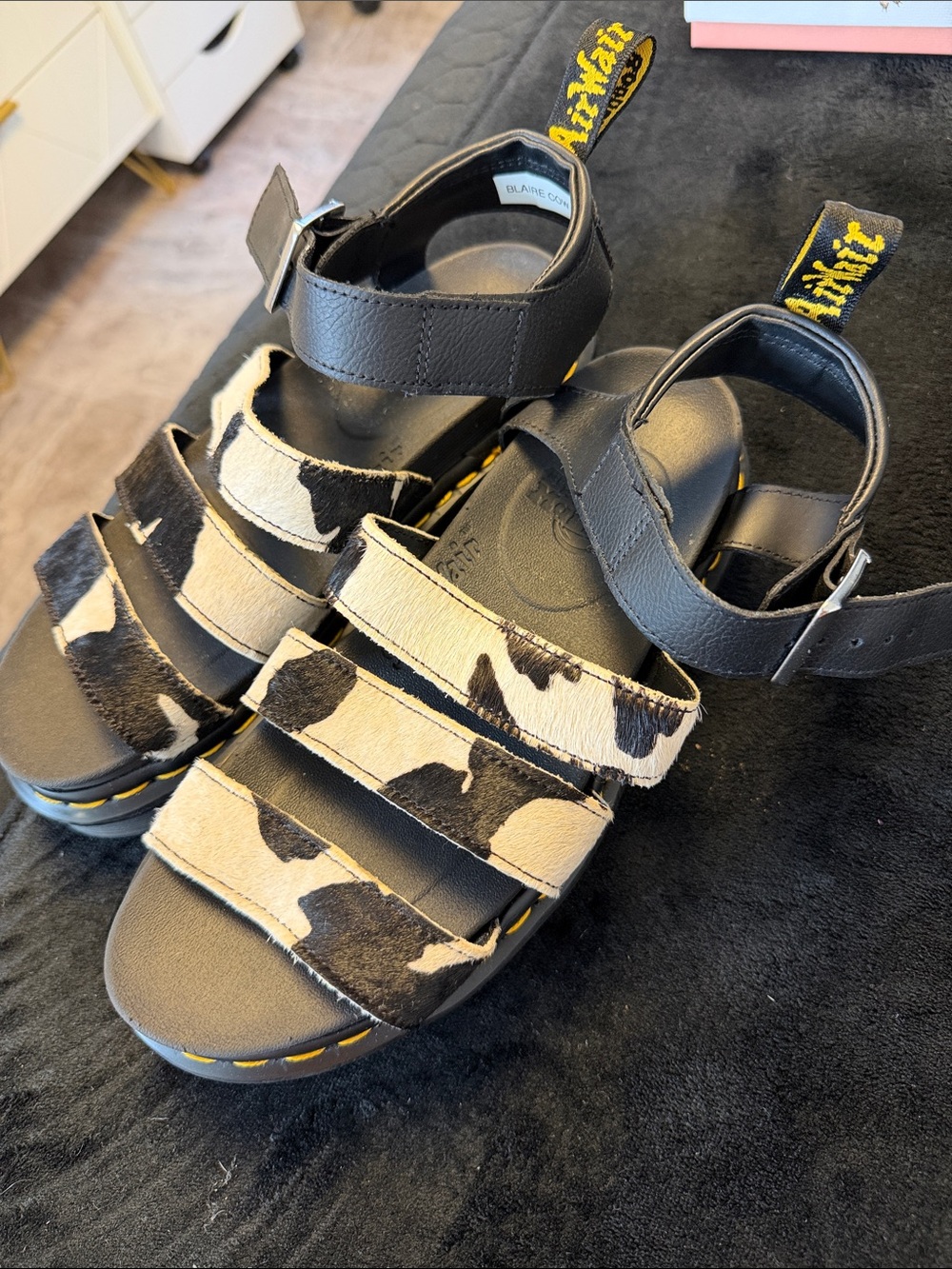 Dr. Martens Black and White Cow-Print Leather Strap Sandals